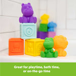 Bright Starts Cubes & Cuties colorful bath and play stacking blocks with tropical animal shapes for babies.