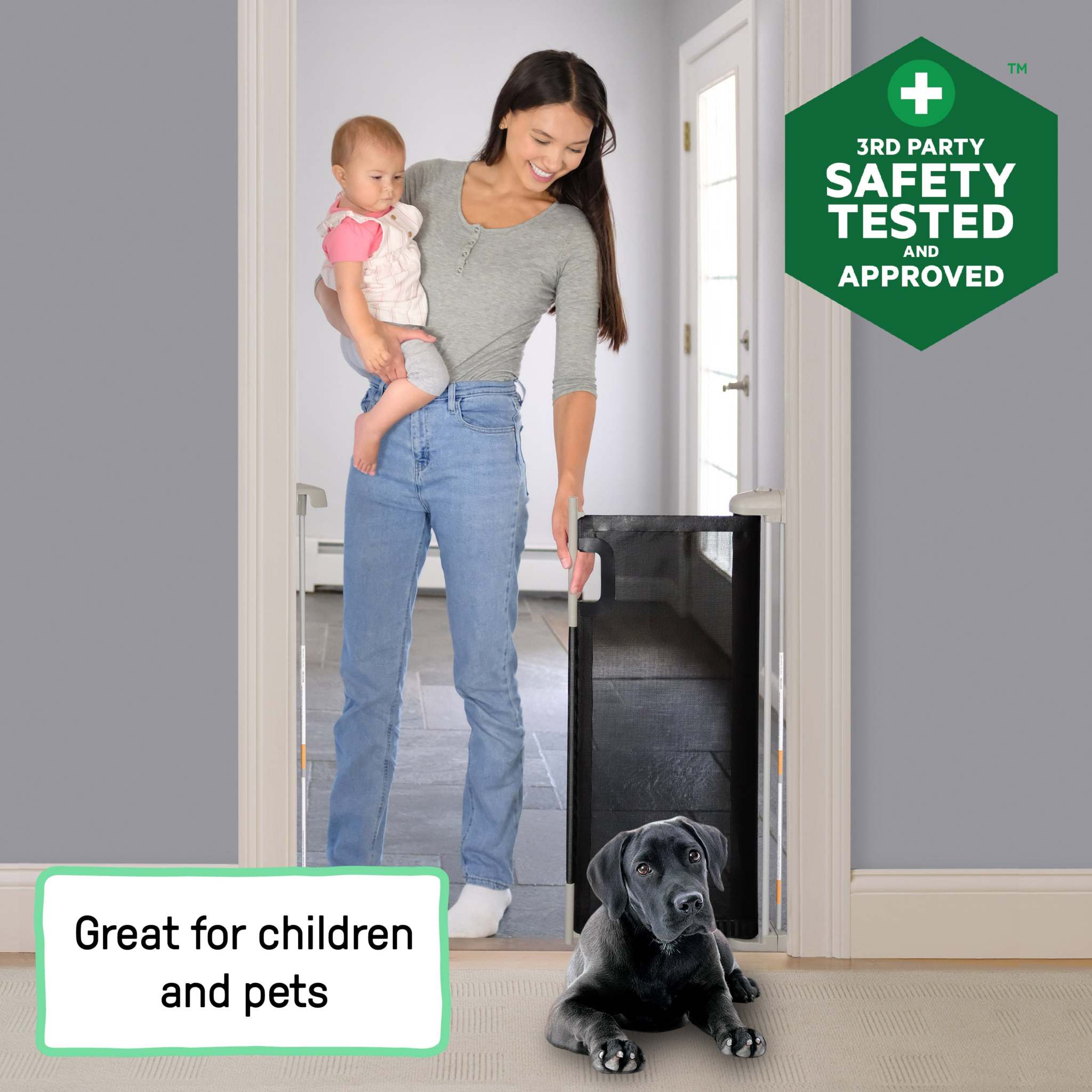 Tuck Away Retractable Extra Wide Gate 30 inch tall with metal, plastic, and fabric materials