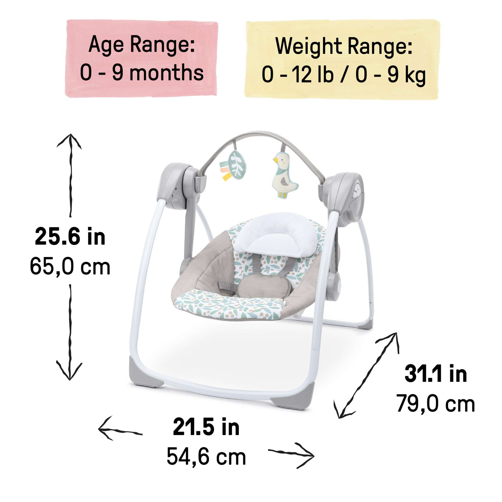 Comfort 2 Go Portable Swing with 6 speeds, melodies, toys, and reclining seat for babies up to 9 months