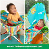 Bright Starts Pop 'N Jump portable baby jumper with owl forest theme, removable canopy, and sensory toys for indoor and outdoor use
