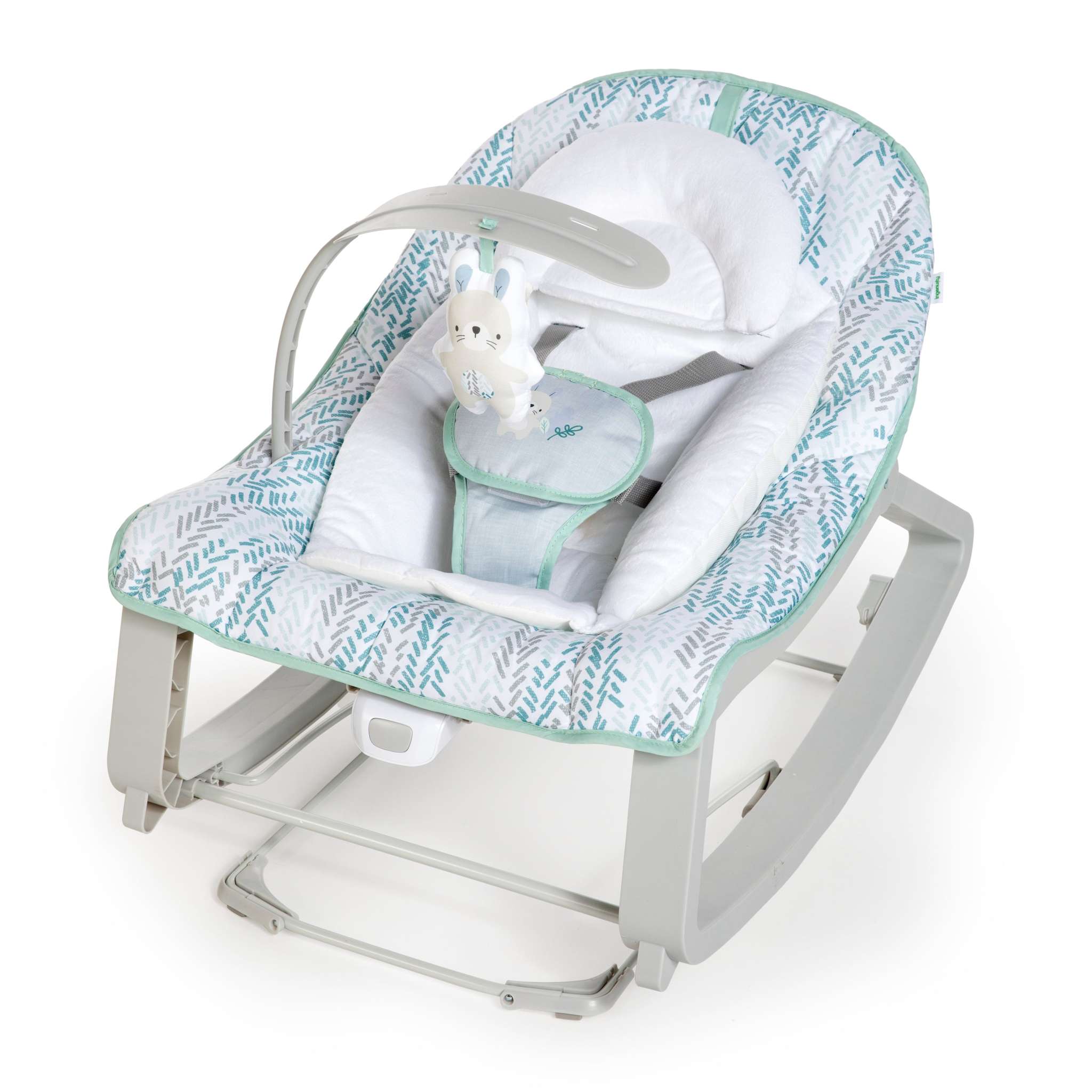 Keep Cozy Baby Bouncer 3-in-1 infant to toddler rocker seat in spruce color with plush toy and reclining positions