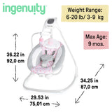 Ingenuity SimpleComfort Compact Soothing Swing Cassidy with multi-directional 180-degree rotation and plush toys