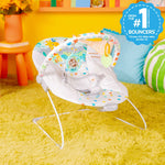 Bright Starts Safari Fun Vibrating Bouncer with toy bar and jungle-themed seat for babies 0-6 months