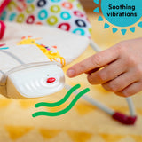 Bright Starts Playful Pinwheels vibrating baby bouncer seat with colorful pinwheel design and toy bar featuring lion, elephant, and mirror toys