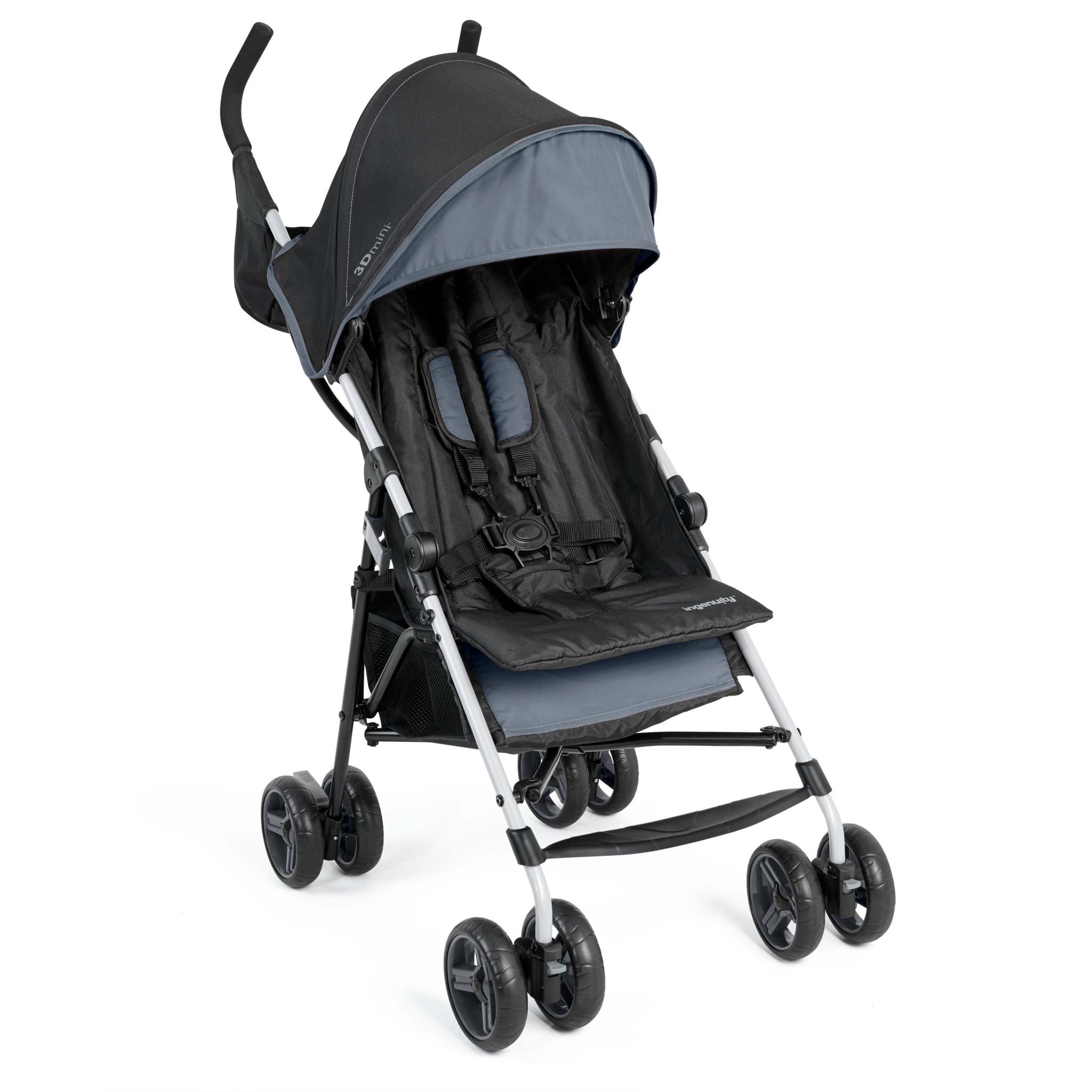 Ingenuity 3Dmini Convenience Stroller in Slate, lightweight and compact design, features durable steel frame, multi-position recline, and storage options.