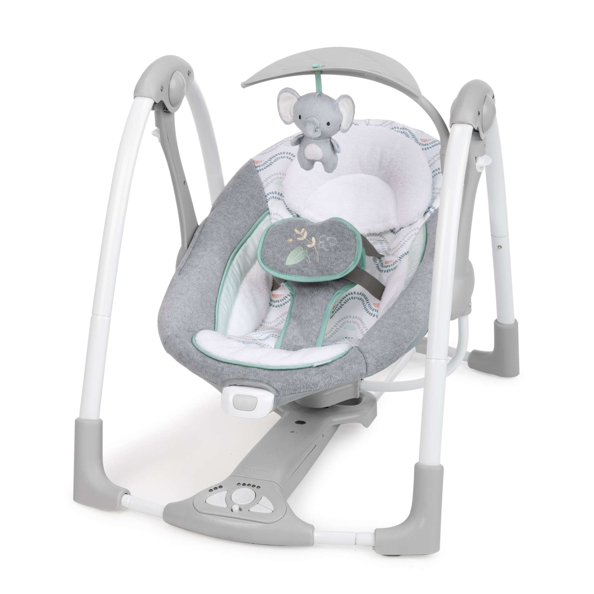 Compact portable baby swing and seat with plush elephant toy, soothing vibrations, and foldable design for easy storage and travel (Ingenuity ConvertMe).