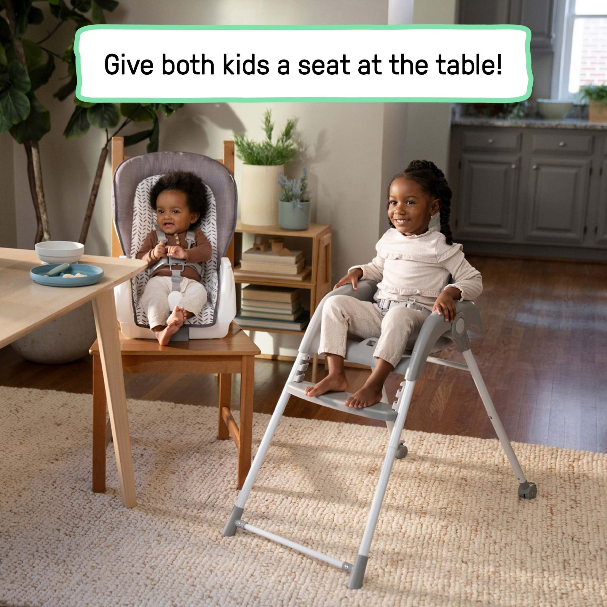 Trio Foldaway 6-in-1 High Chair in quill color with adjustable footrest and removable tray for easy cleaning