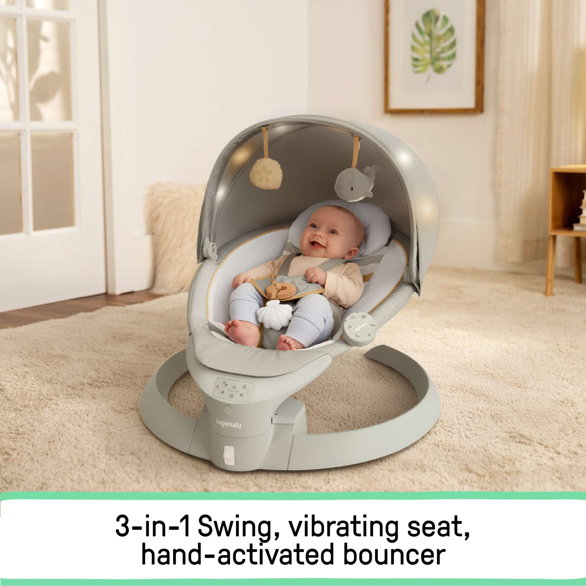 Inlighten Bounce & Sway Swing pebble shore toddler seat with canopy and toys