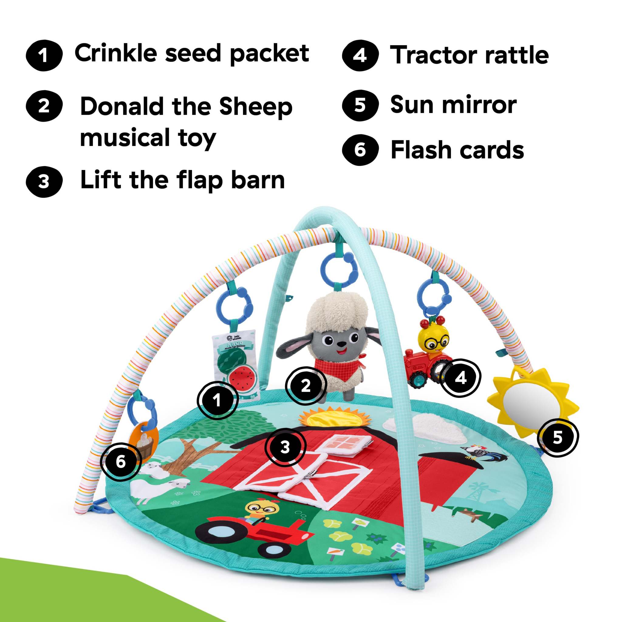 Baby Einstein Happy Harvest Touch & Feel Activity Gym with farm-themed sensory play mat and detachable toys for babies 0+ months