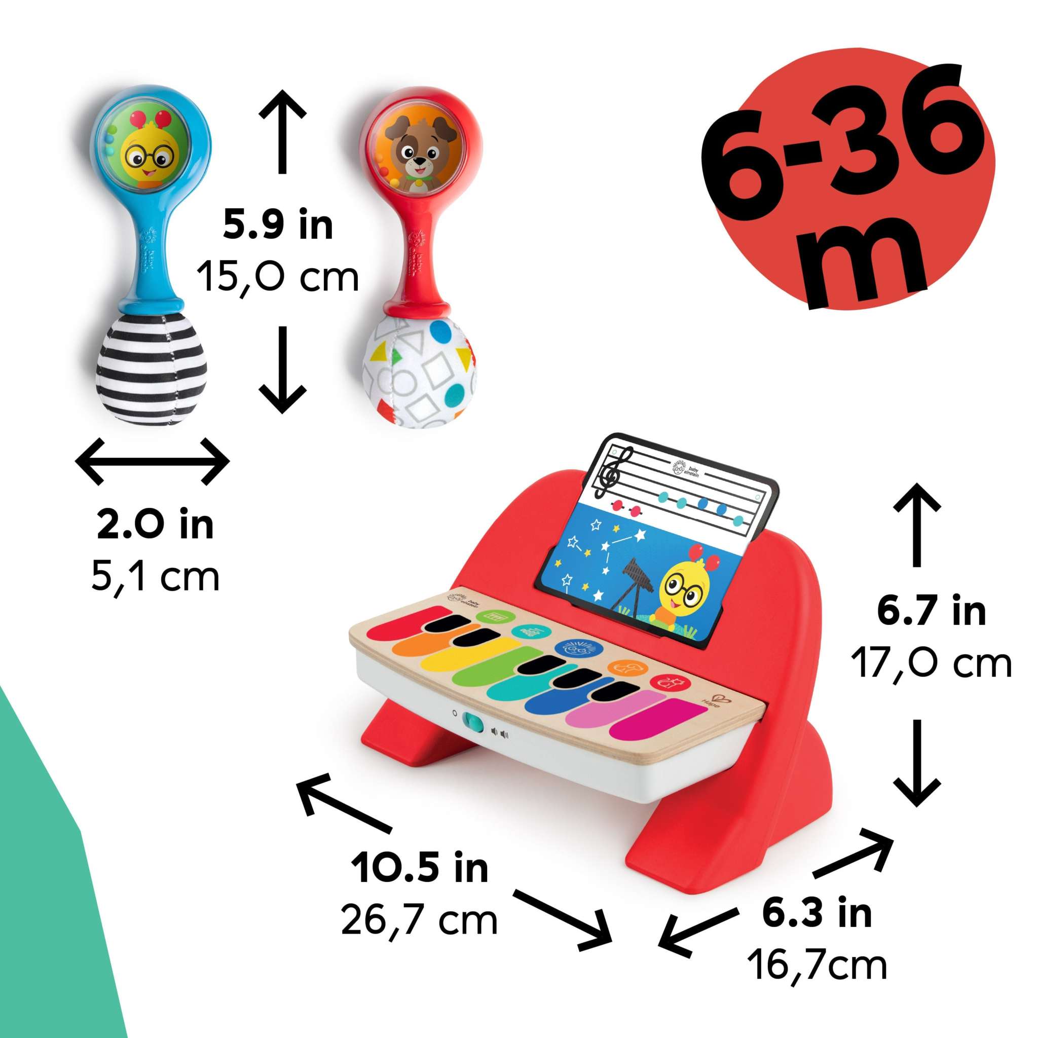 Baby Einstein First Tunes piano and colorful maracas musical toy set for babies 6-36 months with touch-sensitive piano keys and sensory maracas