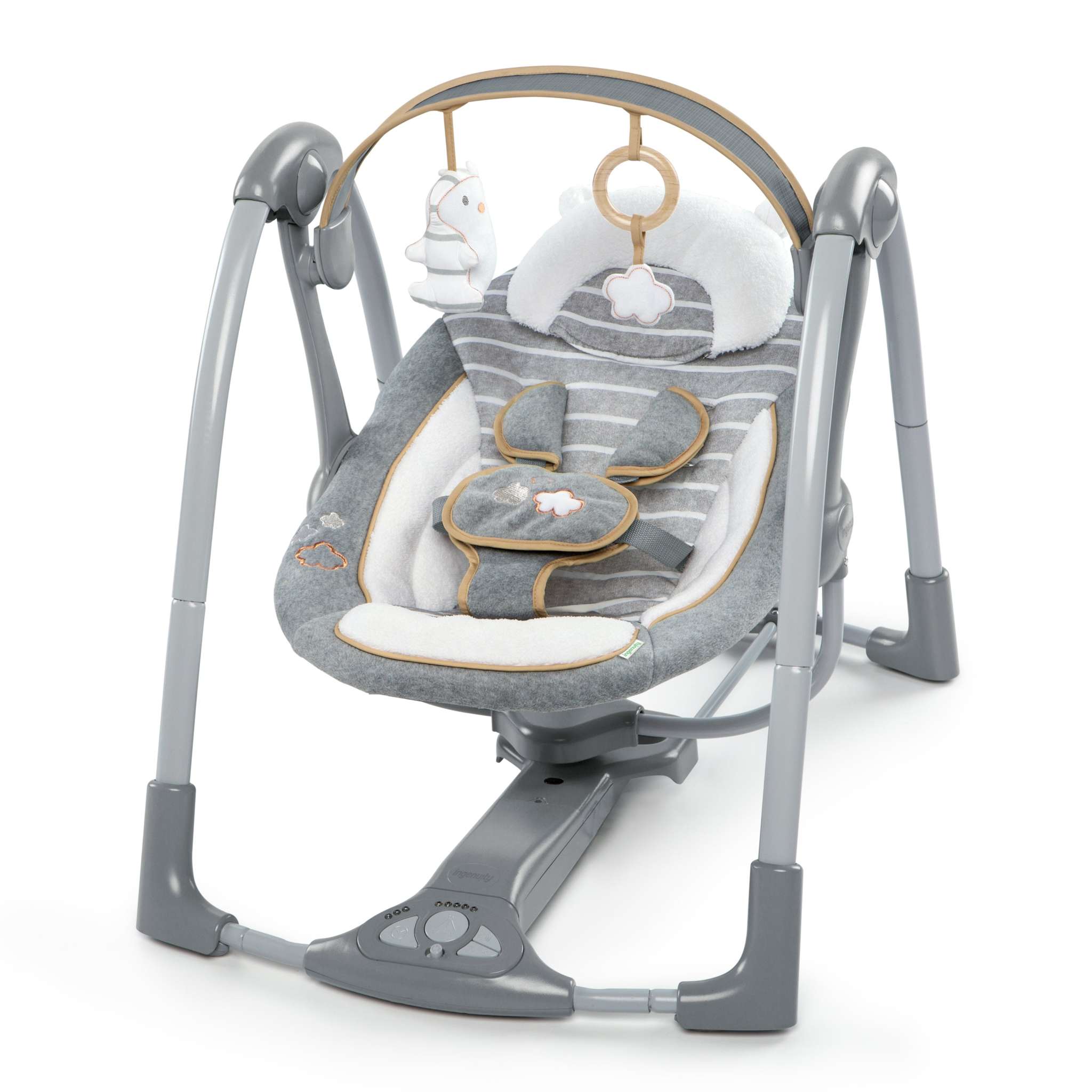 Ingenuity Boutique Collection Deluxe Swing 'n Go Portable Baby Swing in Bella Teddy design with plush toys.