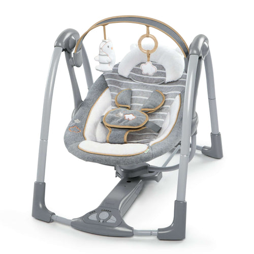 Ingenuity Boutique Collection Deluxe Swing 'n Go Portable Baby Swing in Bella Teddy design with plush toys and premium fabrics.