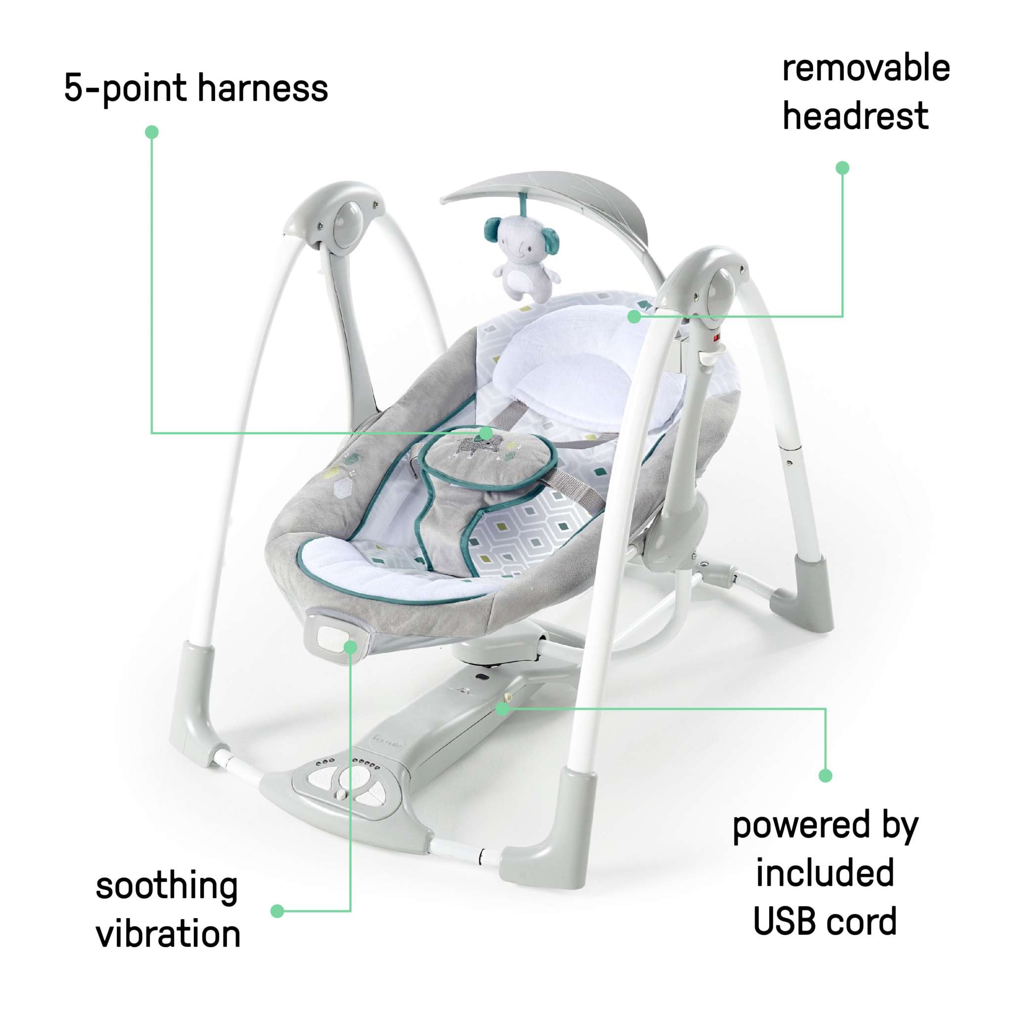 ConvertMe Swing-2-Seat portable baby swing and seat with foldable design and plush elephant toy