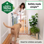 White Doorway 48W Series pet and baby safety gate with auto-close and hold-open features