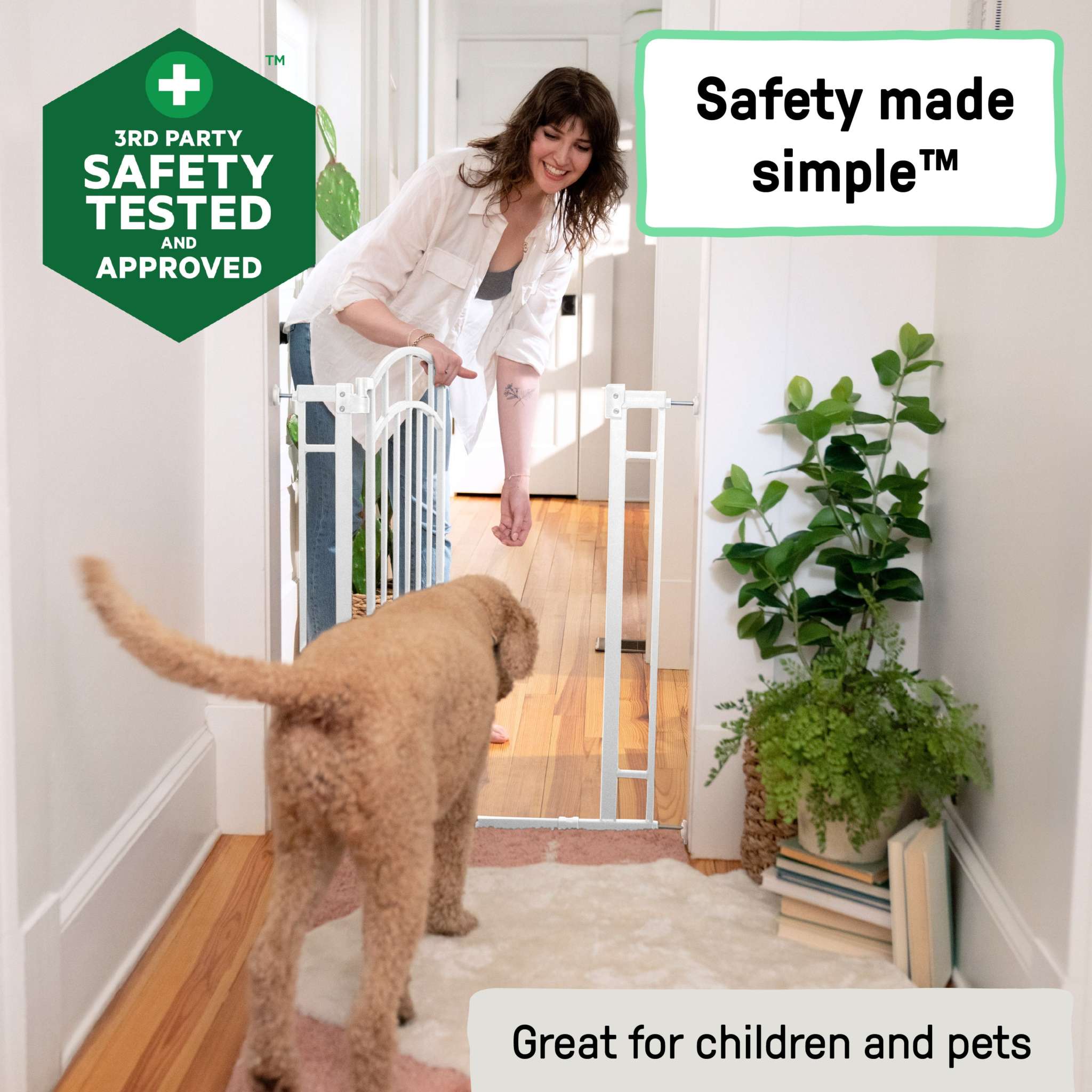 White Doorway 48W Series pet and baby safety gate with auto-close and hold-open features