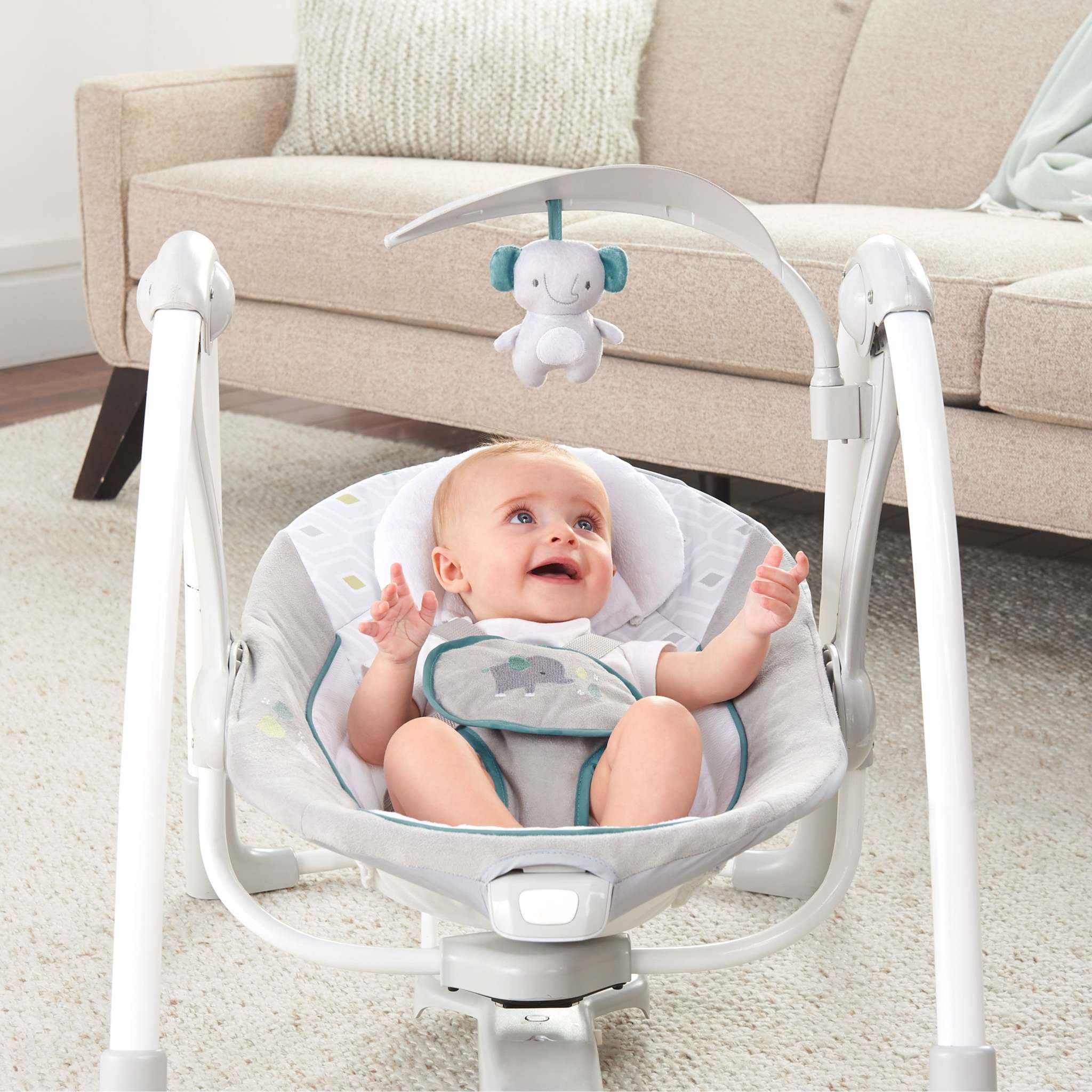 ConvertMe Swing-2-Seat portable baby swing and seat with plush toy and foldable design