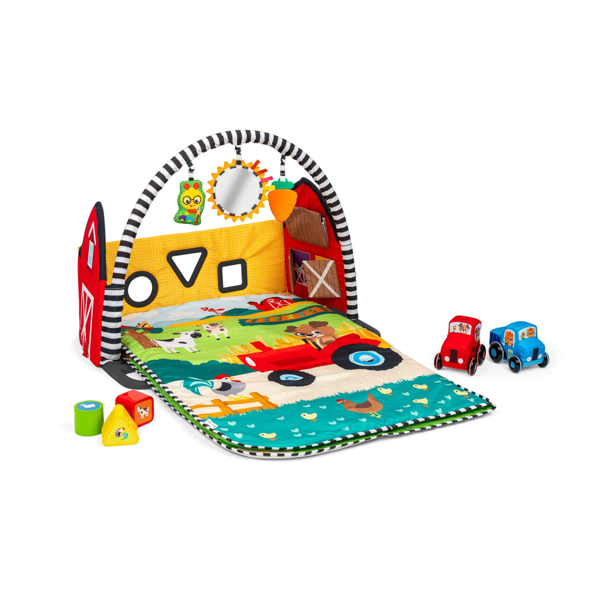 Baby Einstein Busy Barnyard Grow With Me Activity Gym with plush play mat, musical tractor and truck toys, shape sorter barn, and detachable dangling toys for ages 0 to 48 months