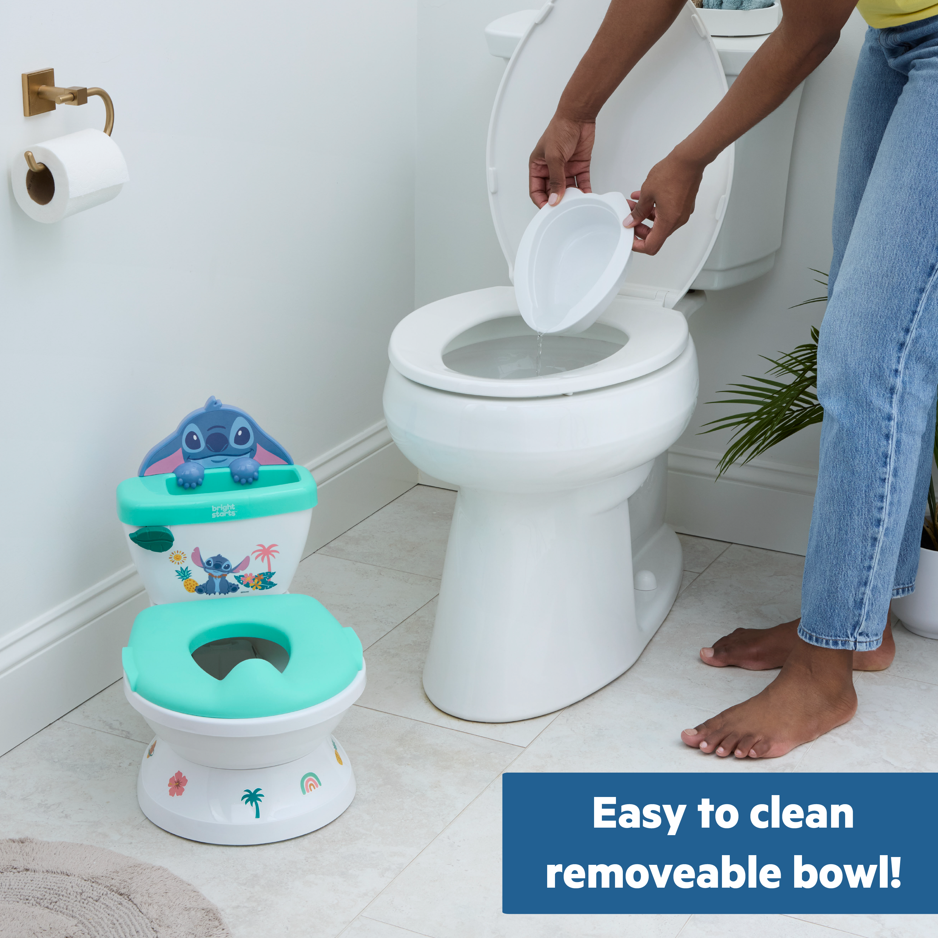 Disney Baby Stitch My Size Potty for toddlers with 2-in-1 floor and adult toilet seat, flushing sounds, and stickers