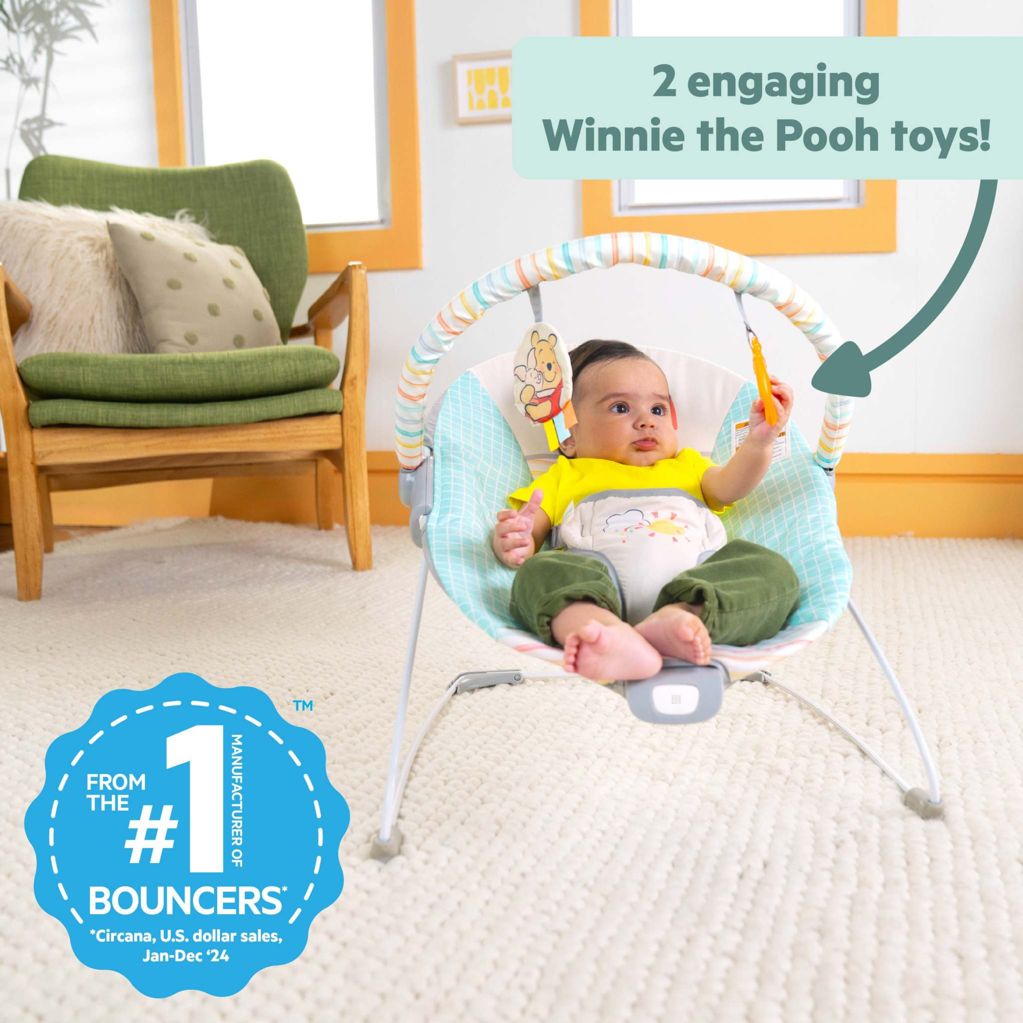 Disney Baby Winnie the Pooh Hunny Hues Vibrating Bouncer with hanging toys and secure harness for infants 0-6 months