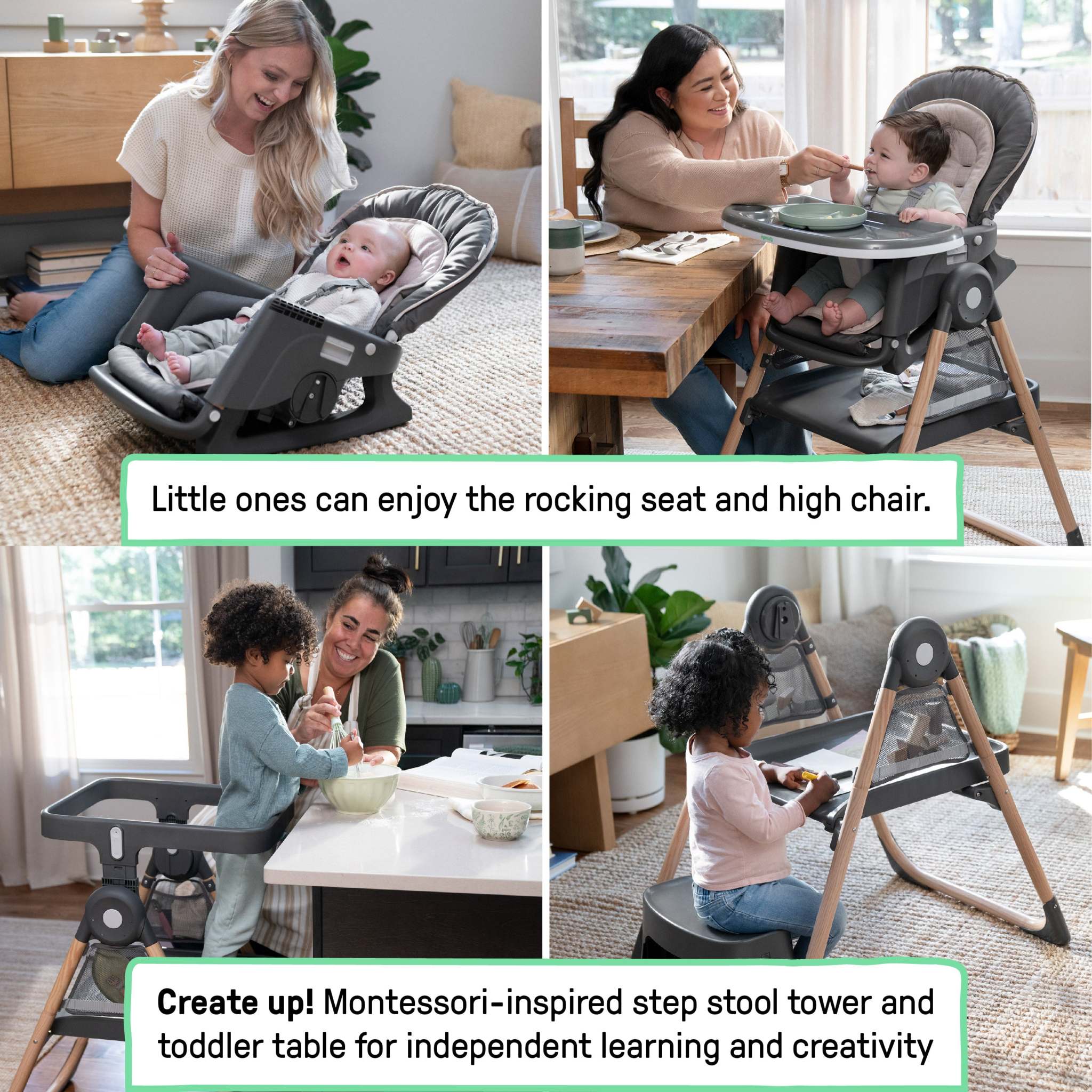 Proper Positioner Create Up multi-mode deluxe folding high chair for infants and toddlers with 9 convertible modes and ergonomic design