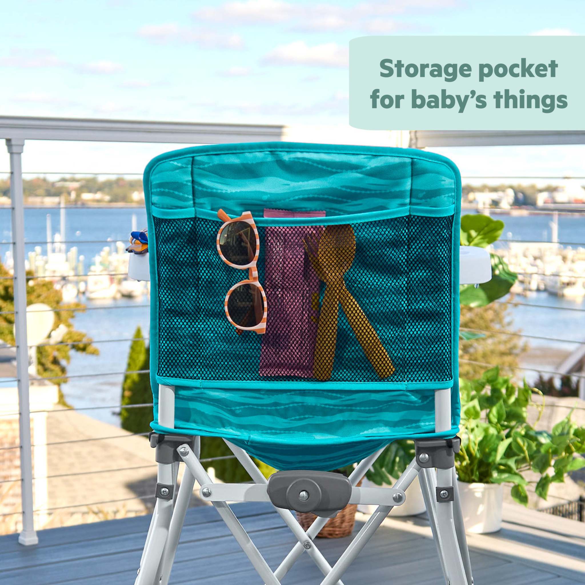 Disney Baby Finding Nemo Pop ‘N Dine portable high chair with suction cup Nemo toy, removable tray, and storage pocket for babies 6 months and up