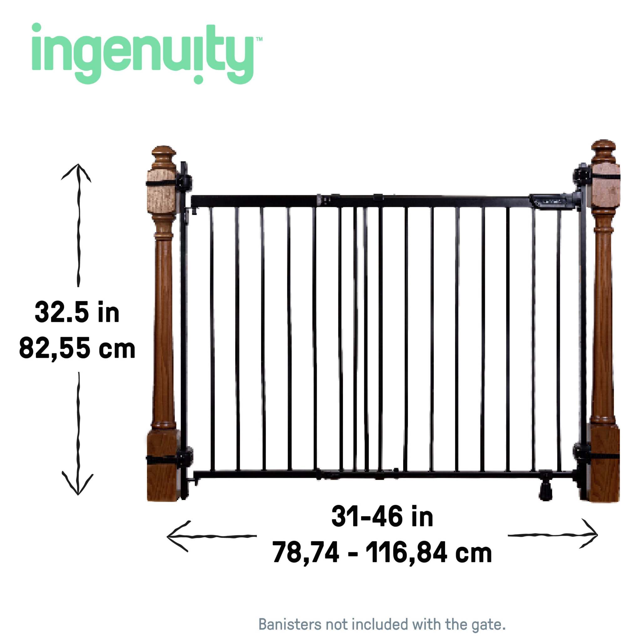 Black Ingenuity Stairway+ 46W Series safety gate for babies and pets, 32.5" tall, fits 32-48" wide spaces