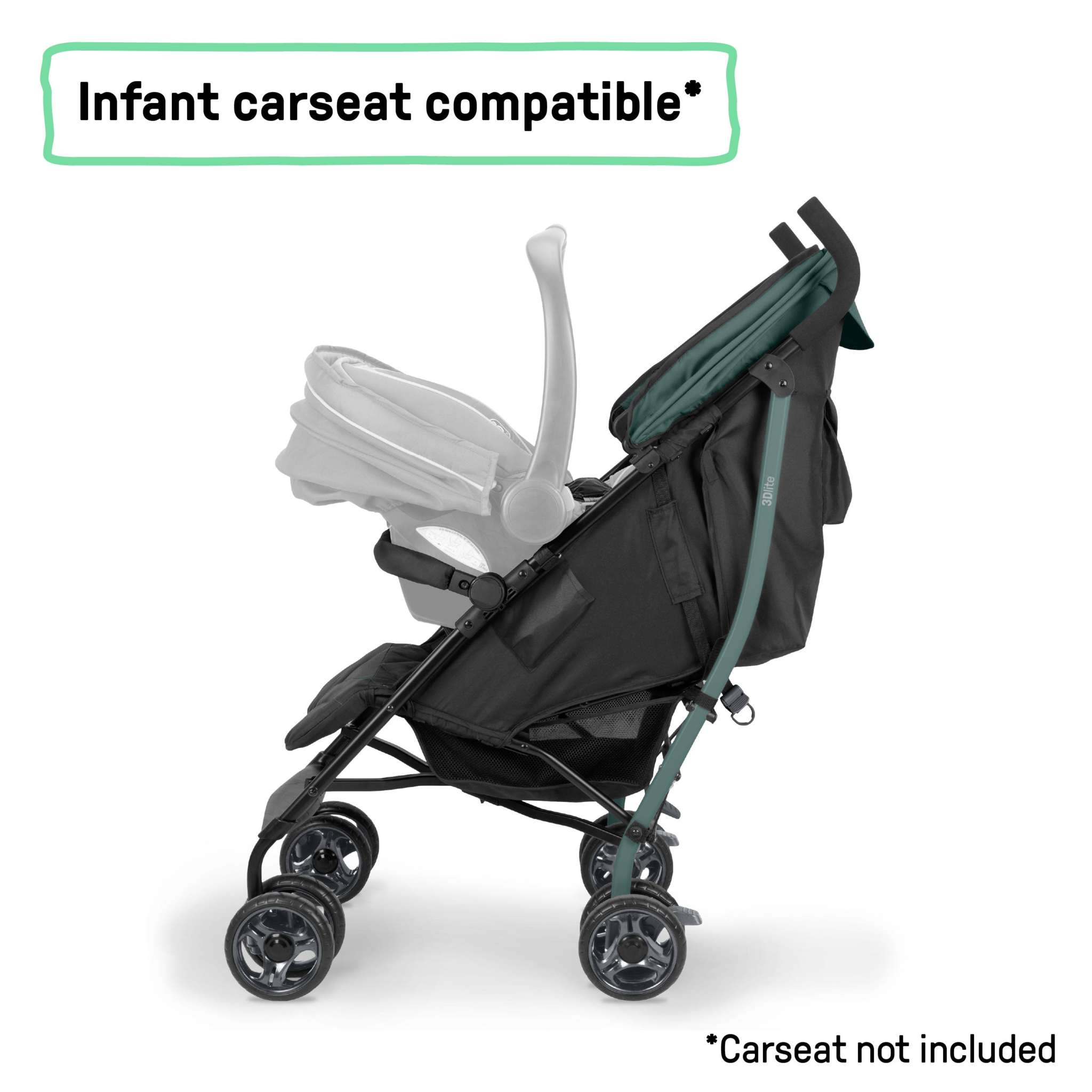 Lightweight 3Dlite Jewel stroller with steel frame, multi-position recline, oversized canopy, and extra storage basket