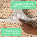 Ingenuity Swing ‘n Go portable baby swing with removable toy bar and plush seat in chambray color