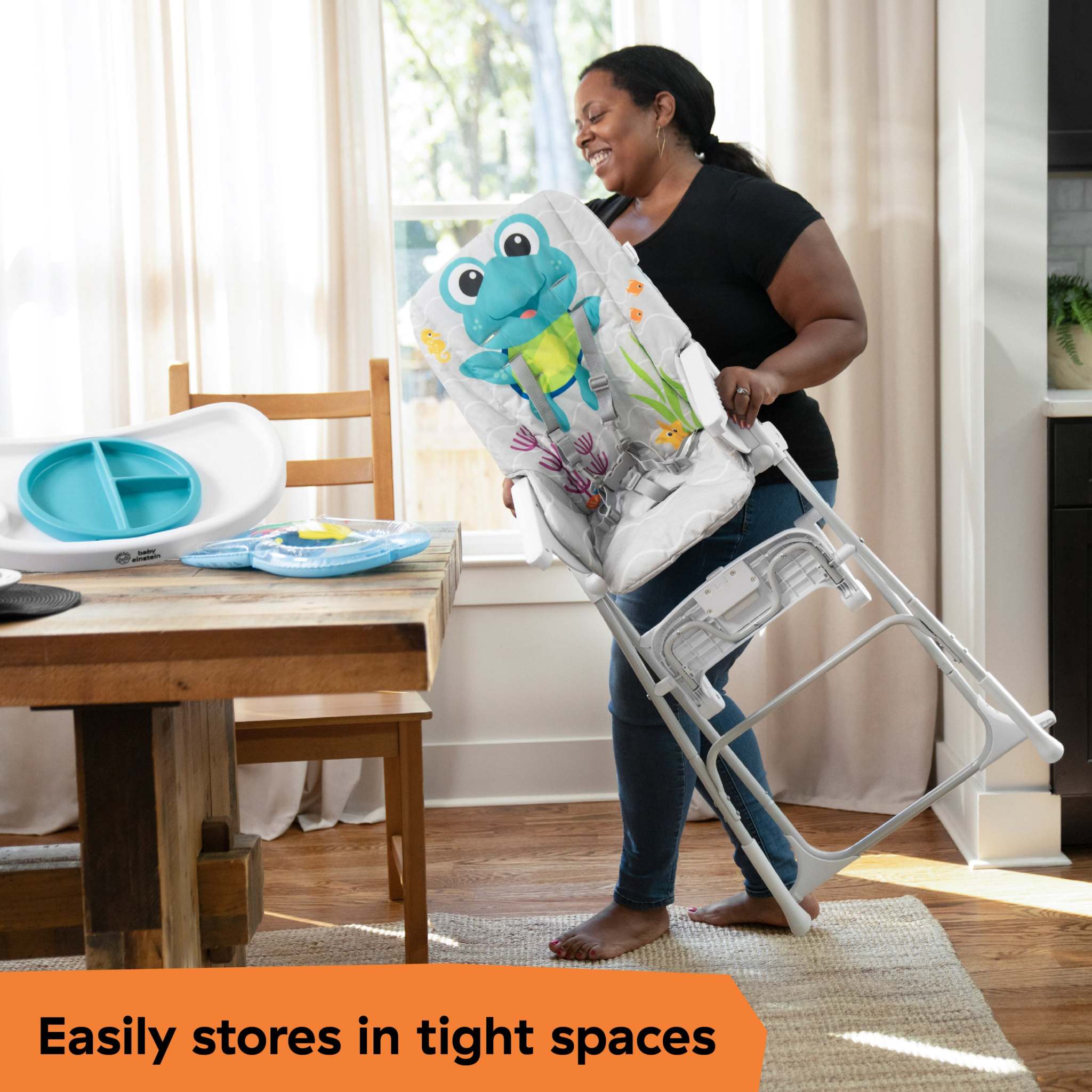 Baby Einstein Ocean Explorers Snack & Splash compact folding high chair with sensory water mat and adjustable tray