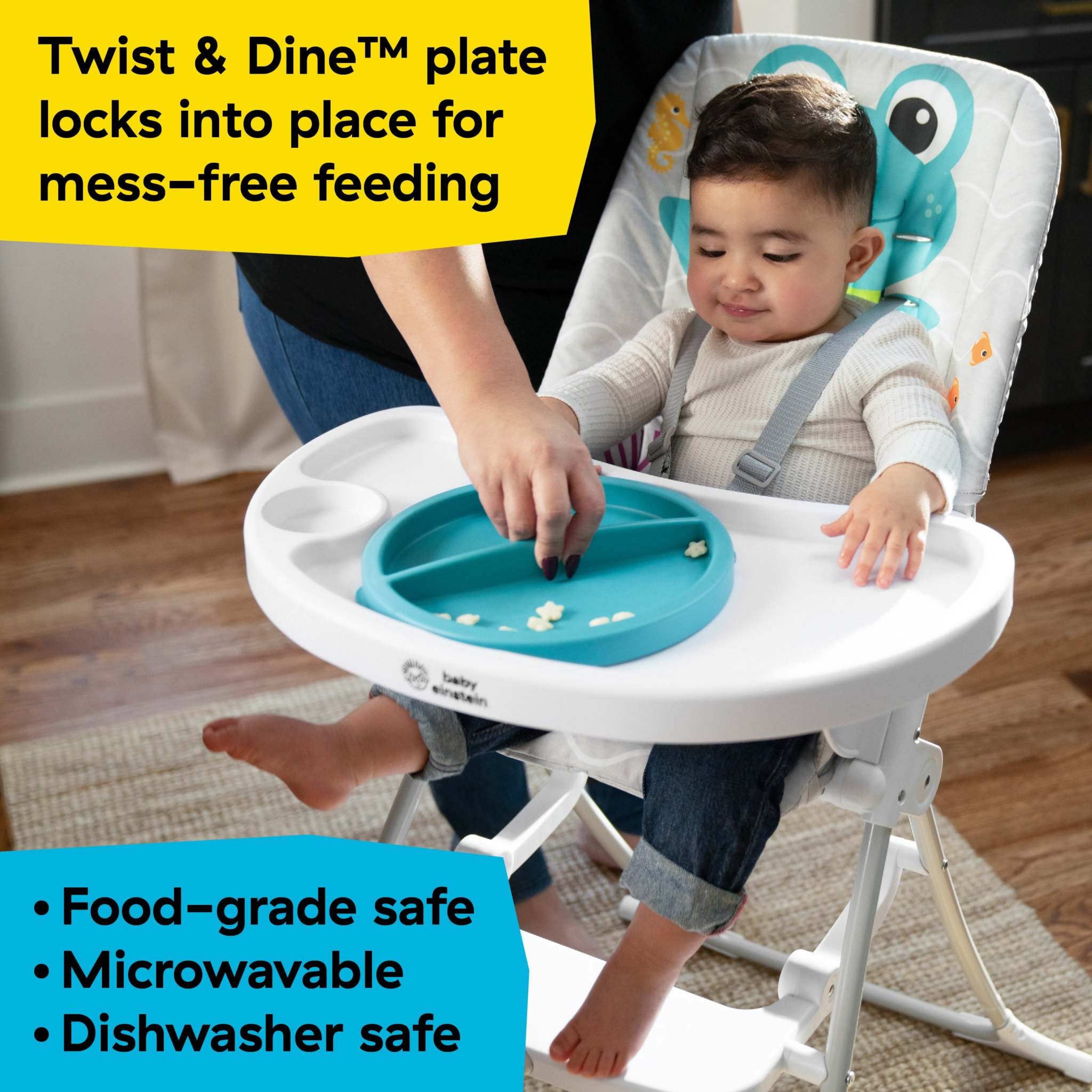 Baby Einstein Ocean Explorers Snack & Splash Compact Folding High Chair with sensory water mat and adjustable tray for babies 6-36 months