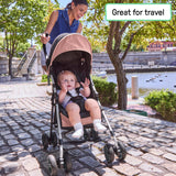 Ingenuity 3D Mini convenience stroller in dusty rose with lightweight steel frame and compact fold