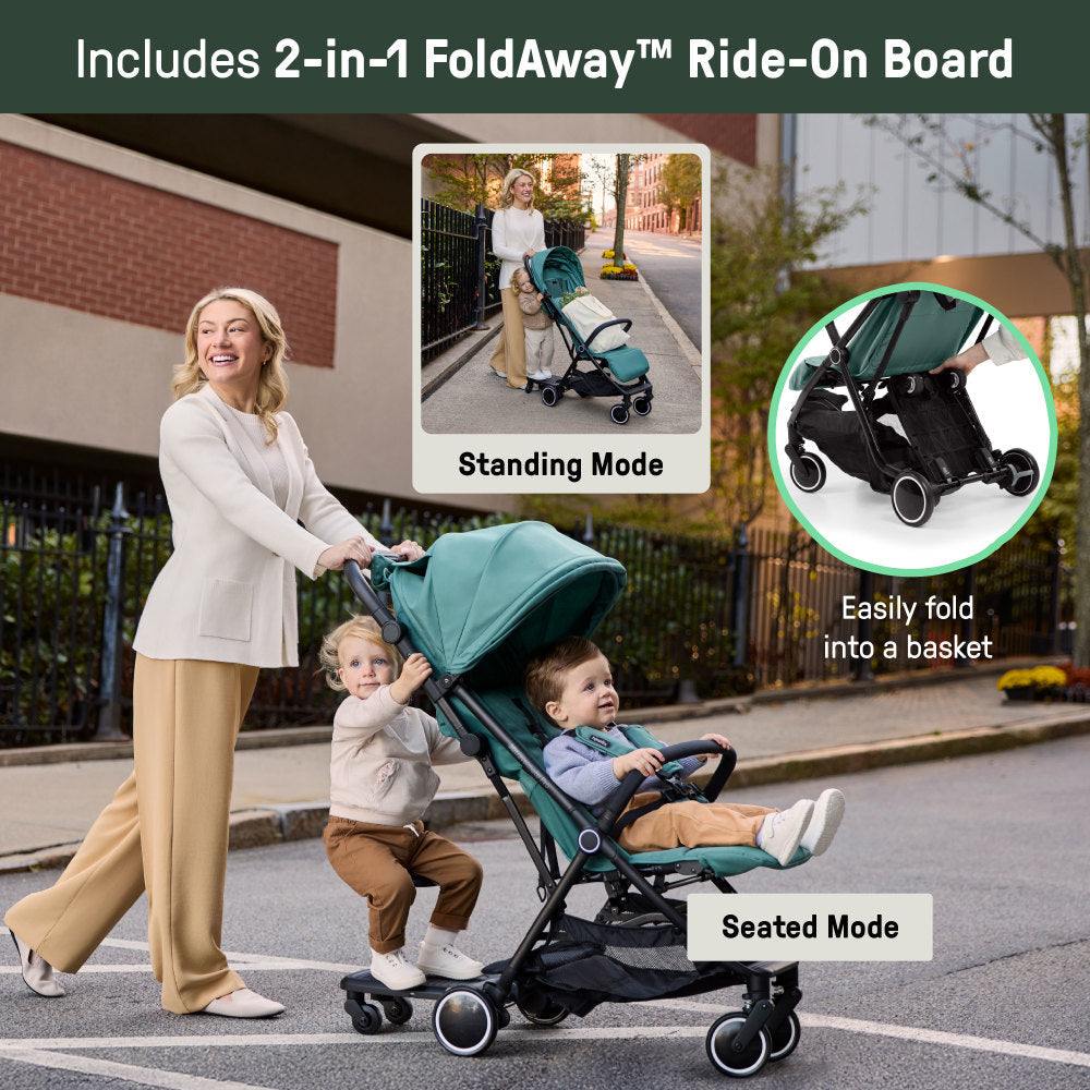 Ingenuity 3DTravelmate Pro Compact Travel Stroller with Ride-On Board, One-Hand Fold, Car Seat Compatible, Protective Canopy