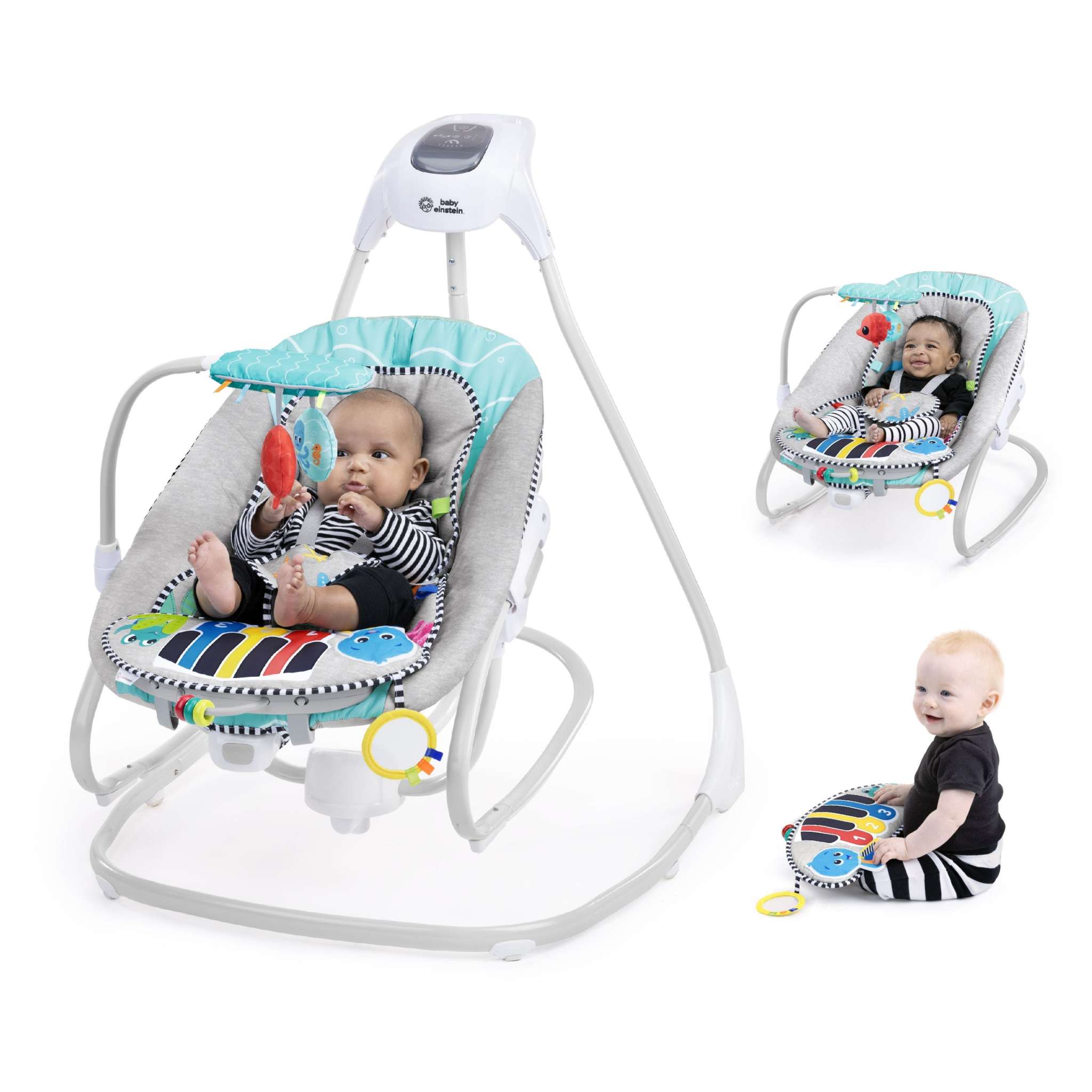 Baby Einstein Ocean Explorers 4-in-1 Musical Swing & Rocker with piano toy and baby.