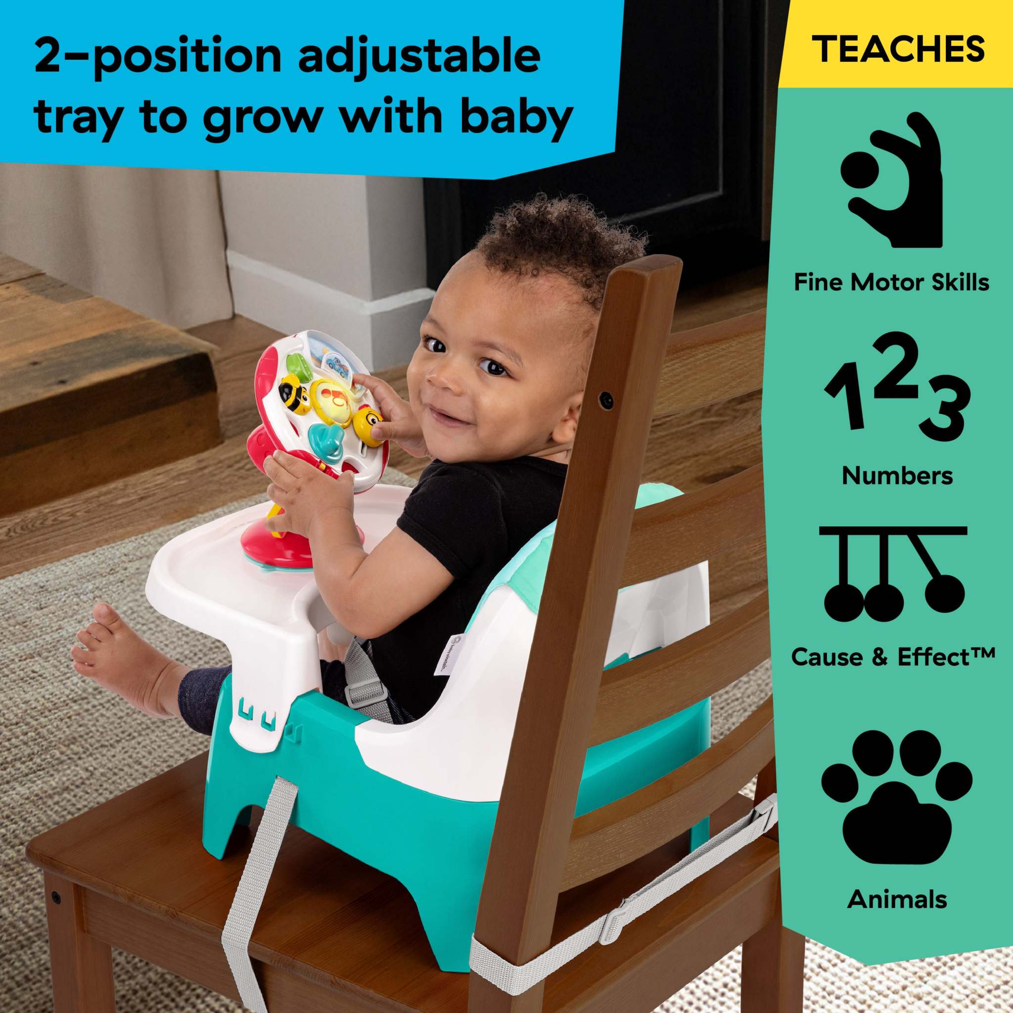 Baby Einstein Farm Explorers Learn-to-Dine Feeding Seat with removable steering wheel toy and adjustable tray for ages 6-36 months
