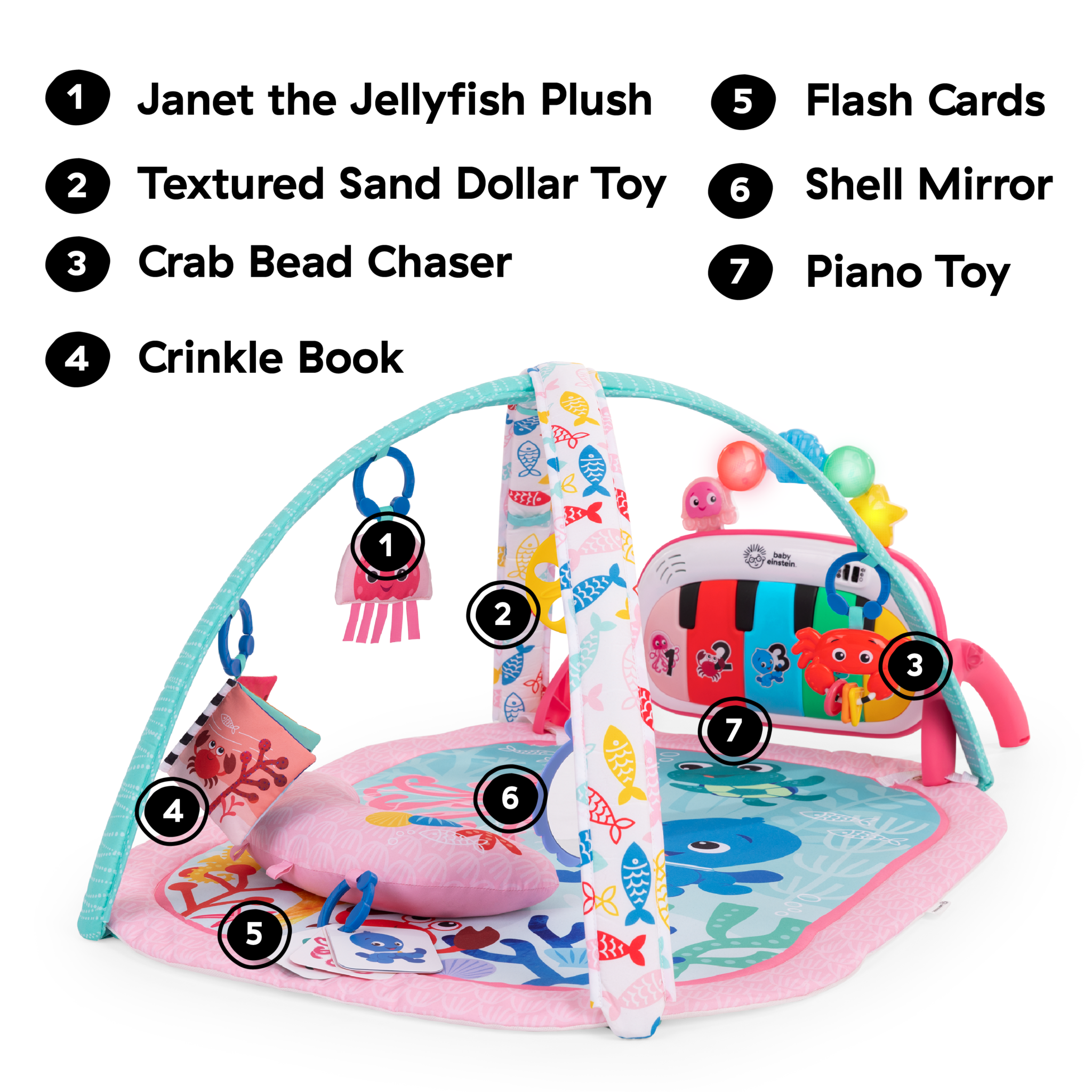 Baby Einstein 4-in-1 Kickin' Tunes Jellyfish Jamboree music and language discovery gym in pink with toys and kick piano for baby development