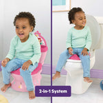 Disney Princess My Size Potty 2-in-1 toddler training toilet with Cinderella, Belle, Jasmine, and Ariel designs, pink seat, sounds, and stickers