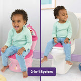 Disney Princess My Size Potty 2-in-1 toddler training toilet with Cinderella, Belle, Jasmine, and Ariel designs, pink seat, sounds, and stickers