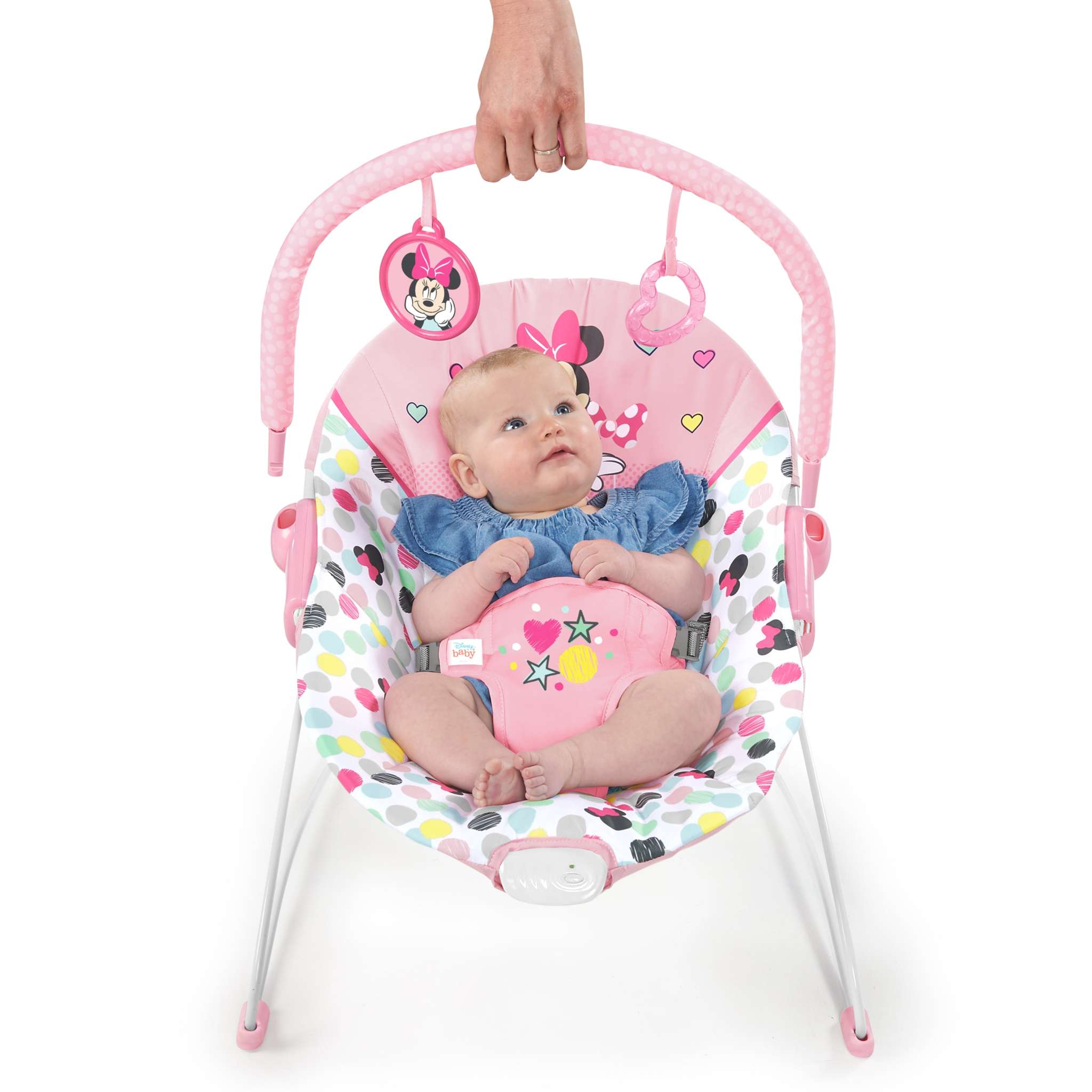 Minnie Mouse Spotty Dotty vibrating baby bouncer with pink polka dots and two hanging toys