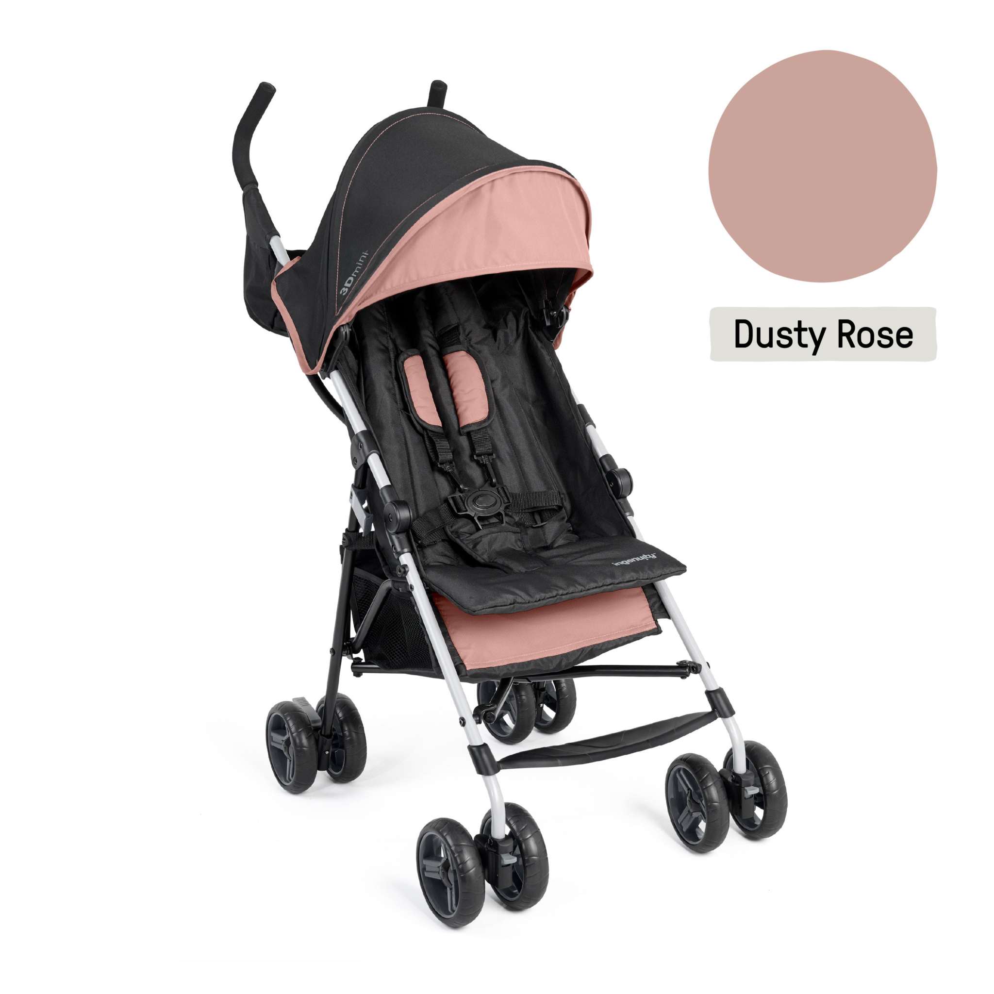 Ingenuity 3D Mini Convenience Stroller in dusty rose with lightweight steel frame and multi-position recline