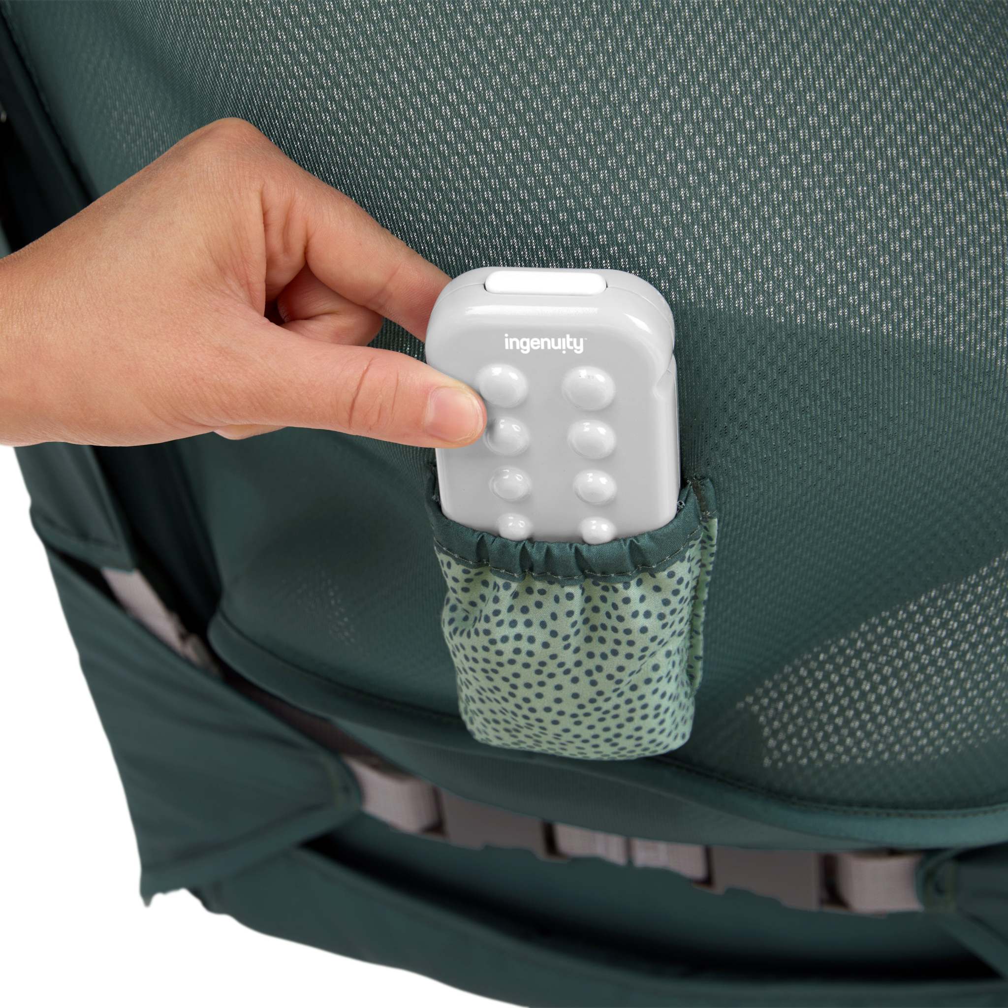 Ingenuity Stow & Go Compact Folding Bouncer with fold-flat design and CalmTouch Vibe-Pod for baby comfort and portability