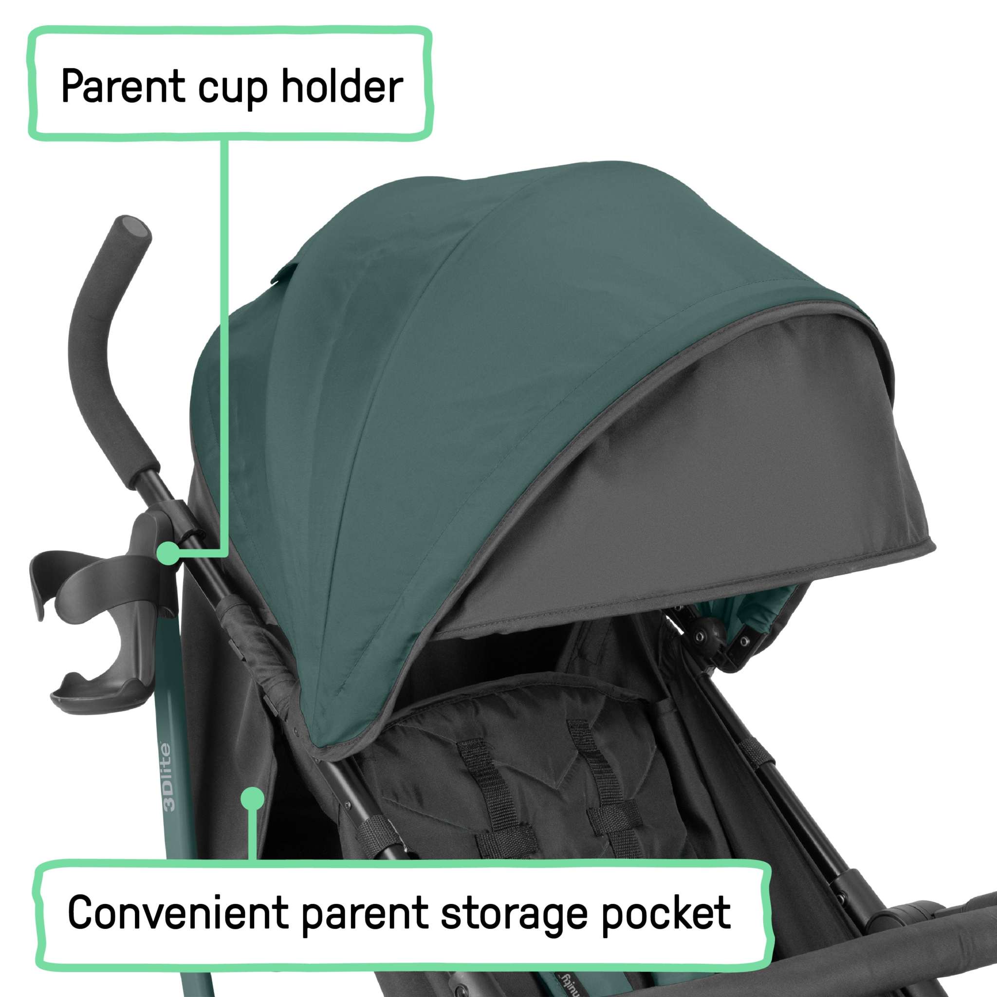 Lightweight 3Dlite Jewel stroller with steel frame, multi-position recline, oversized canopy, and storage basket