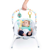 Bright Starts Safari Fun Vibrating Bouncer with safari-themed toys and 3-point harness for baby comfort and safety.