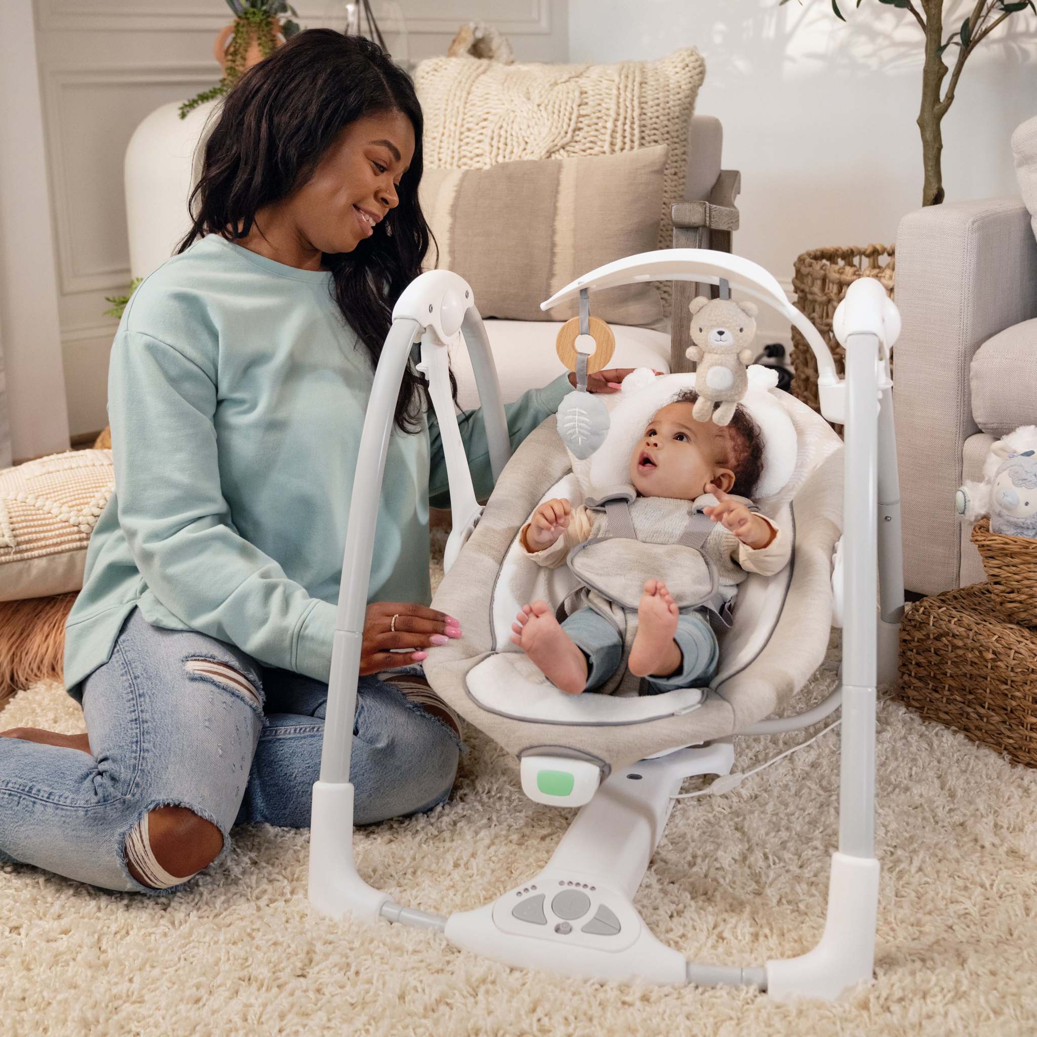 mother and baby using convertme swing-2-seat portable swing - wynn