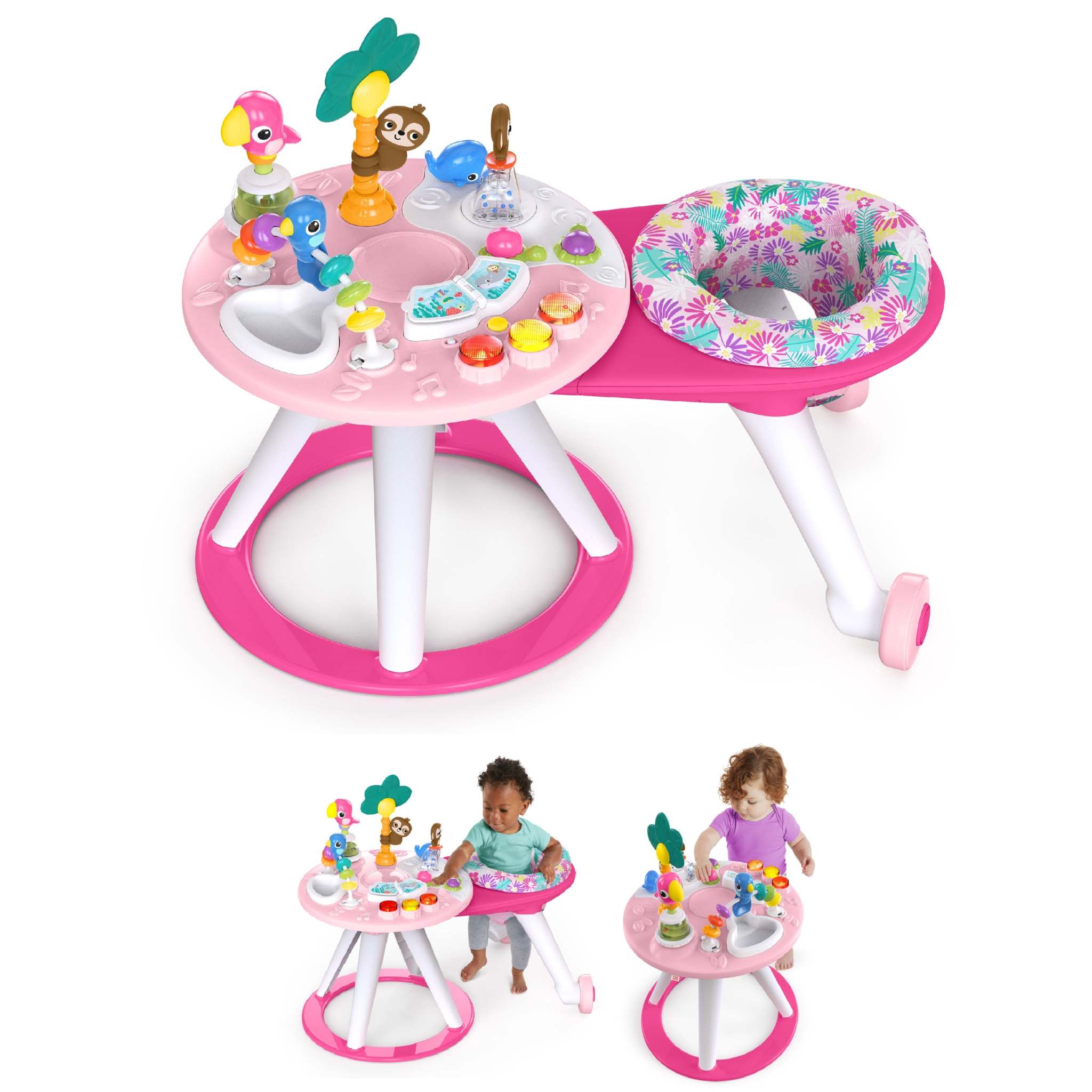 Around We Go 2-in-1 Walk-Around Activity Center & Table in Tropic Coral with musical drum and tropical toys for babies 6-24 months