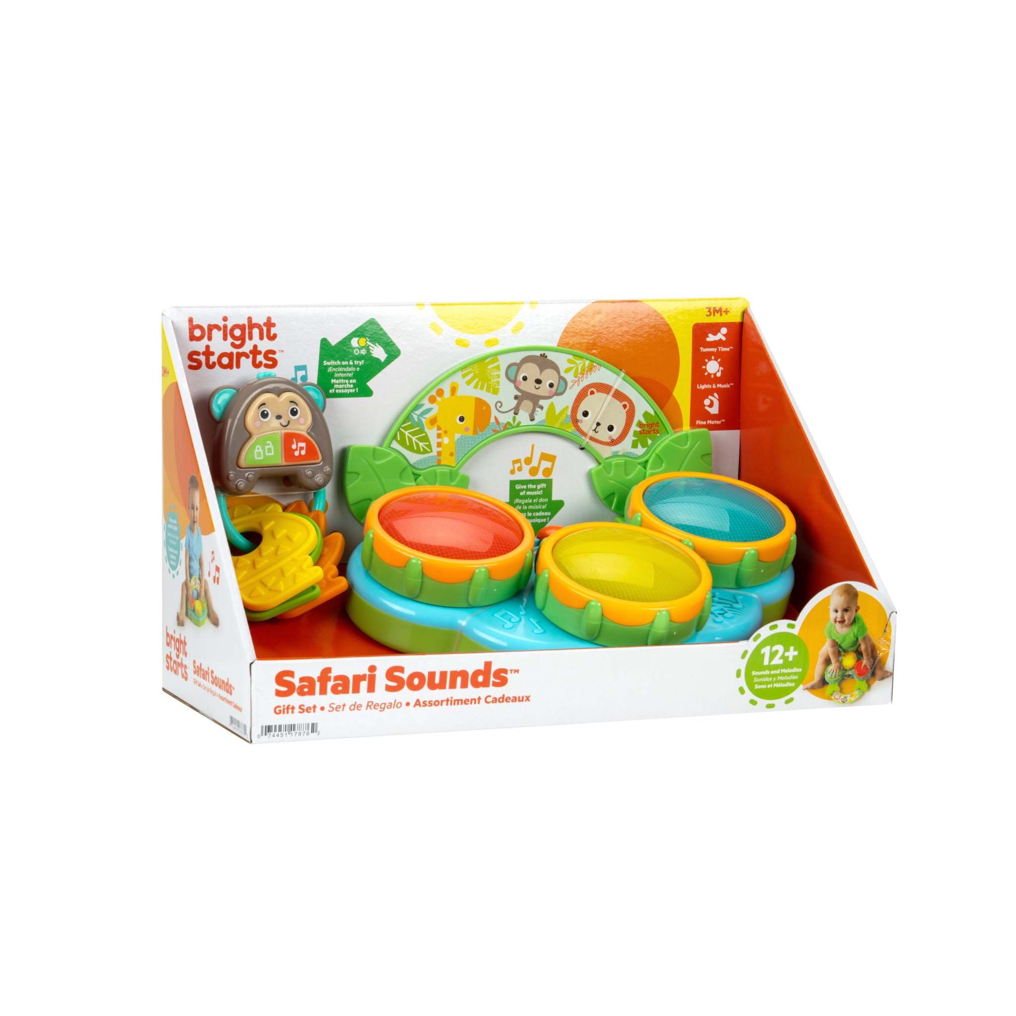 Bright Starts Safari Sounds Gift Set with colorful musical drum toy and monkey key set for babies 3 months and up