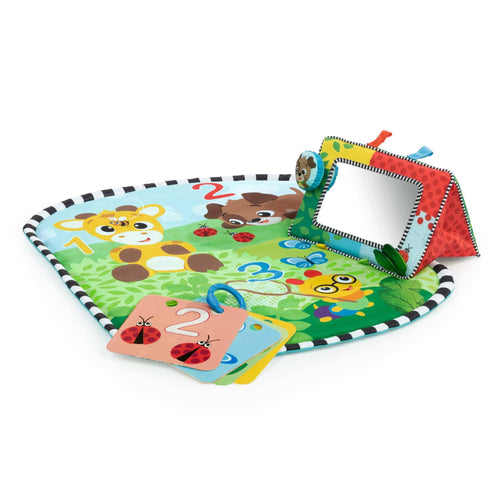 Baby Einstein Discovery Garden foldable tummy time mat with mirror, colorful patterns, toys, and flashcards for infant play and learning