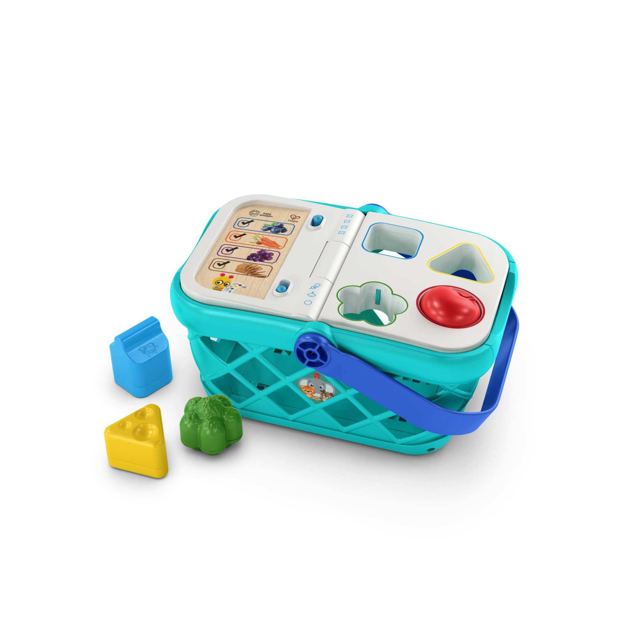 Baby Einstein Hape wooden shopping basket toy with shape sorter and food items for toddlers