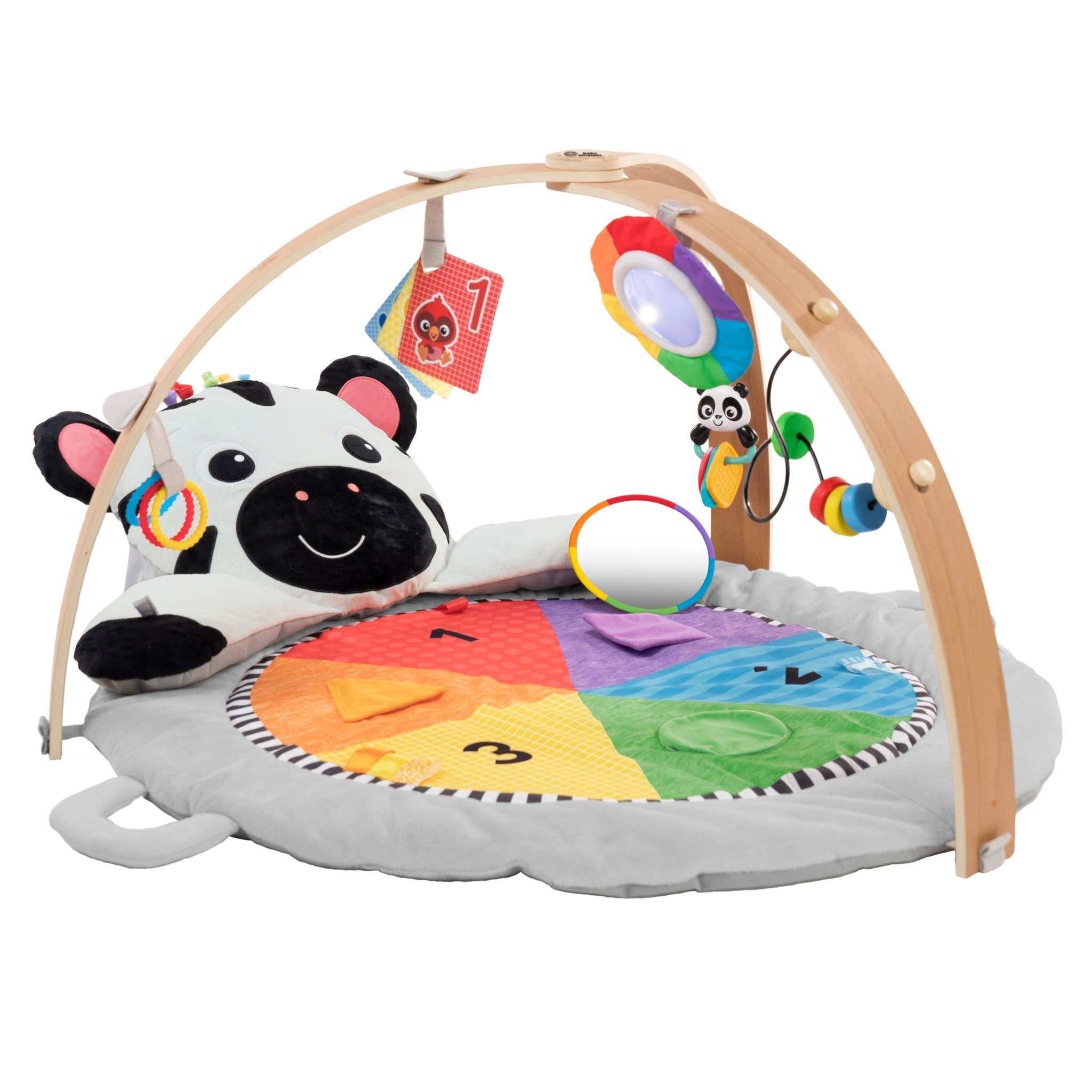 Baby Einstein Zen’s Plush Activity Milestones Gym with wooden toy bar and sensory toys
