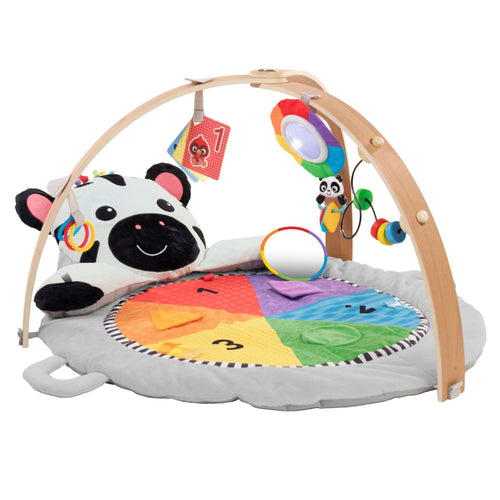 Baby Einstein Zen’s Plush Activity Milestones Gym with wooden toy bar and sensory toys