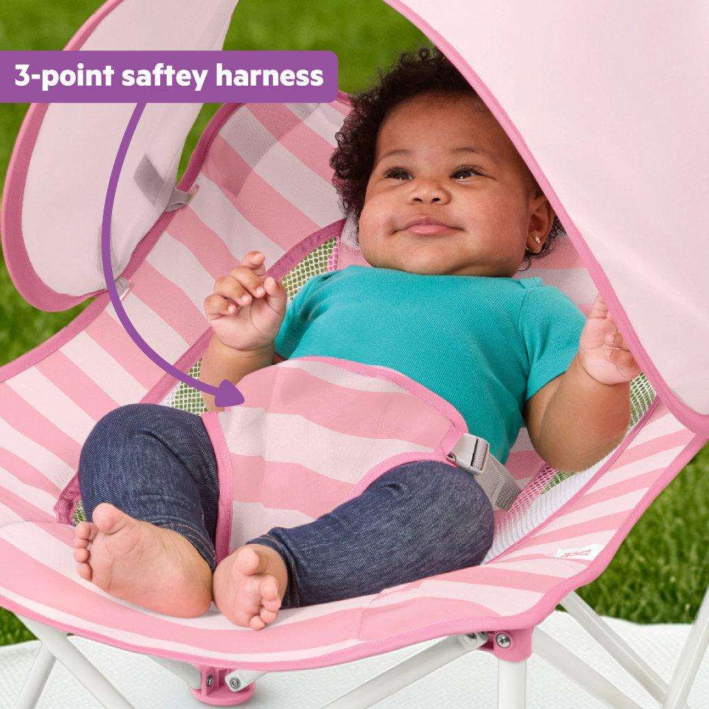 Bright Starts Pop 'N Chill baby travel seat with UPF 50 canopy and pink stripe